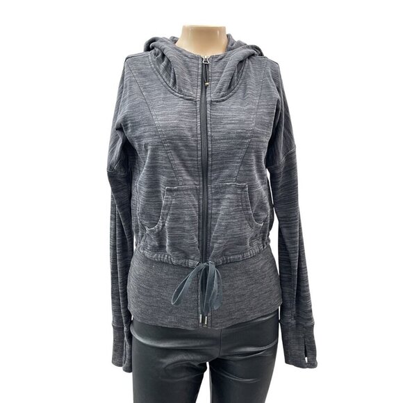 Athleta Tiger Terry Zip-Up Hoodie Heathered Gray Cinch Waist Sweatshirt Women XS - Picture 1 of 13